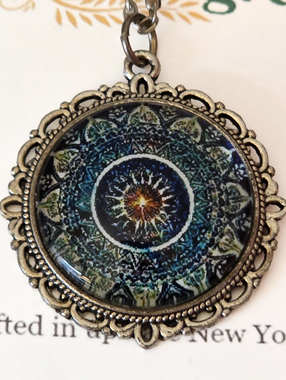 Silver Necklace Jewelry Large Fern & Filigree Handmade Blue Mandala Pendant